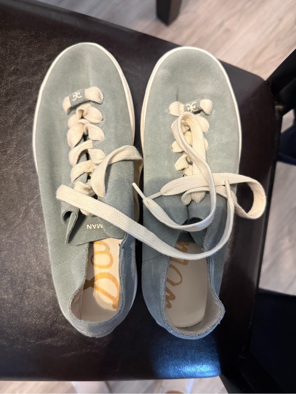 Sam Edelman Sage Green Suede Low-Top Sneakers with Cream Laces